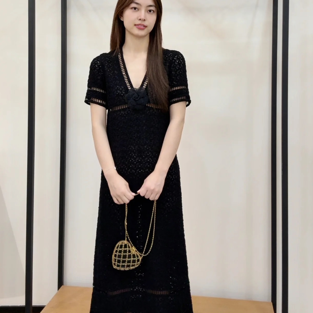 95新 Chanel/香奈儿 黑蓝色针织 山茶花连衣裙 36码 98新