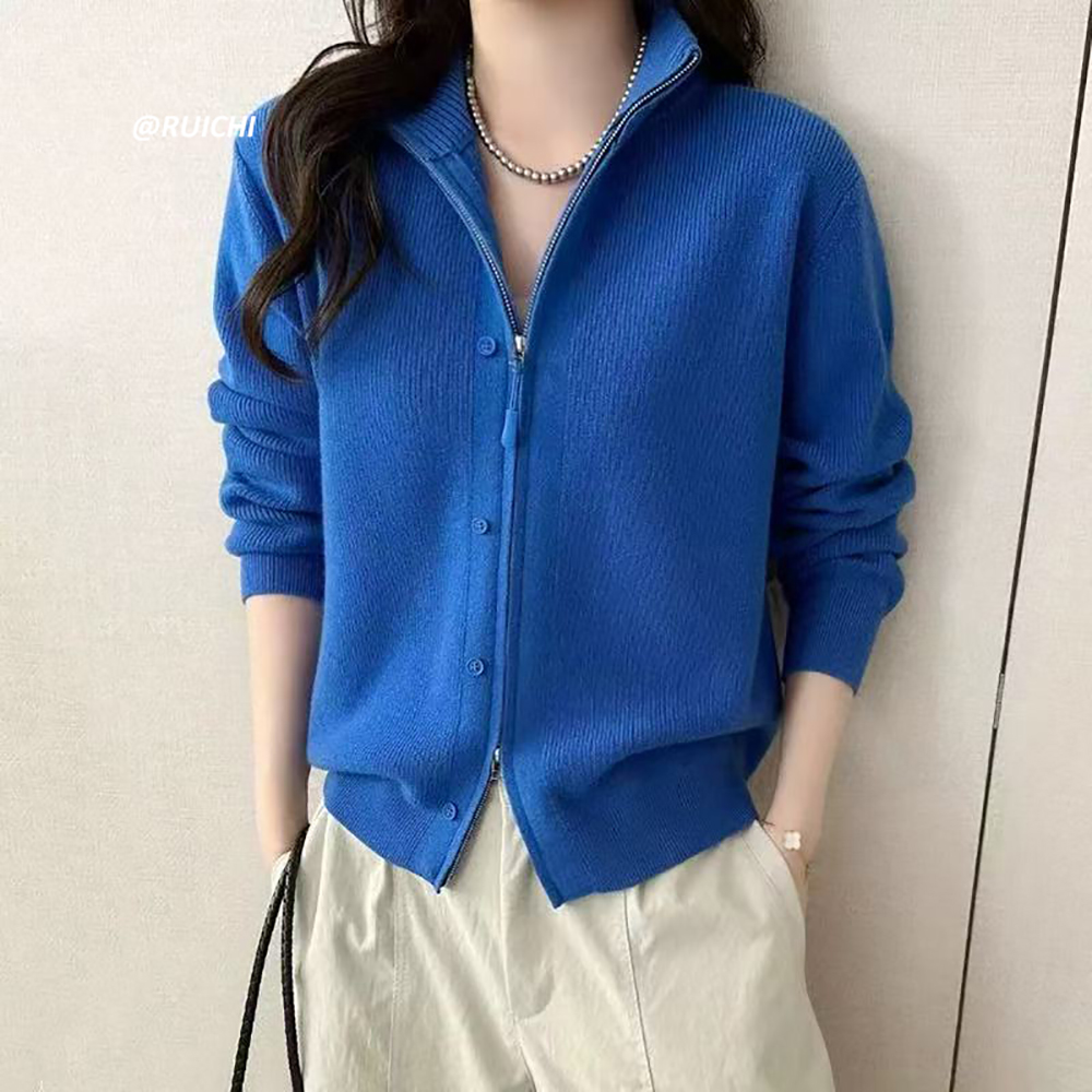 2025秋冬韩系休闲风新款立领拉链基础百搭宽松针织开衫外套女