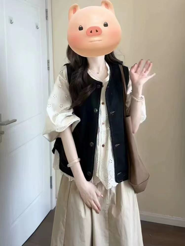 小小婷～时尚复古圆领牛仔马甲女装宽松搭配衬衫休闲裤套装