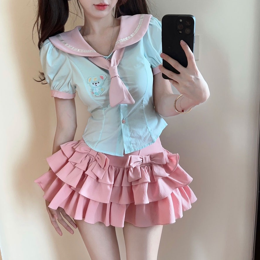 实拍 学院风粉红系甜美小熊刺绣泡泡袖衬衫设计感衬衣上衣海军领1