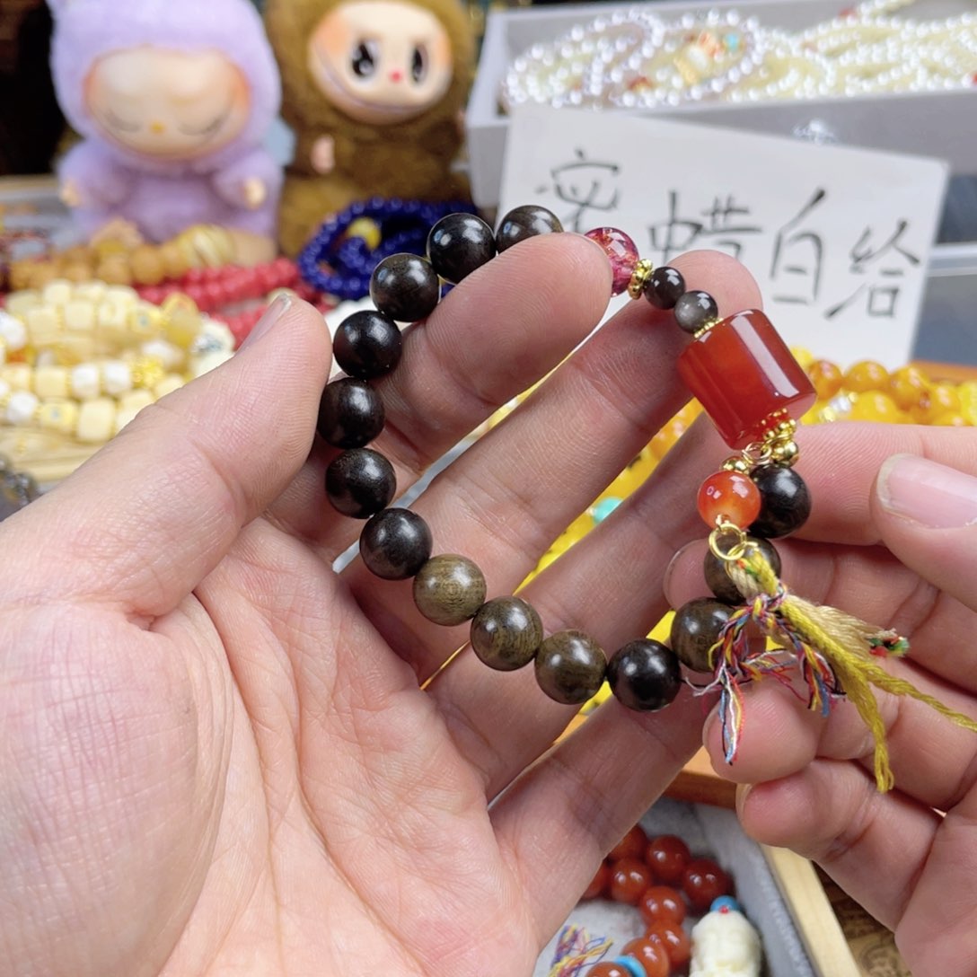 檀香紫檀（小叶紫檀）手串银S925镀金镶嵌