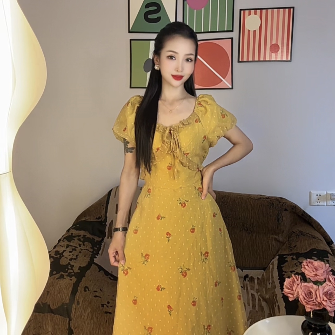夏季泡泡袖连帽V领套头连衣裙时尚裙子长款甜美温柔