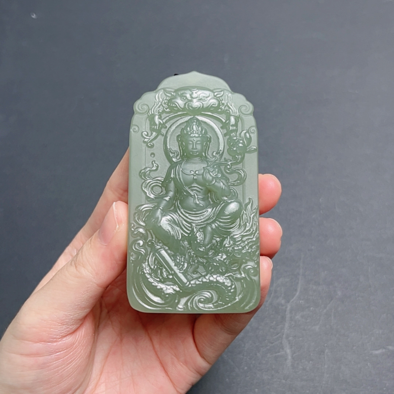 天然和田玉玉龙观音牌吊坠大尺寸精工雕刻