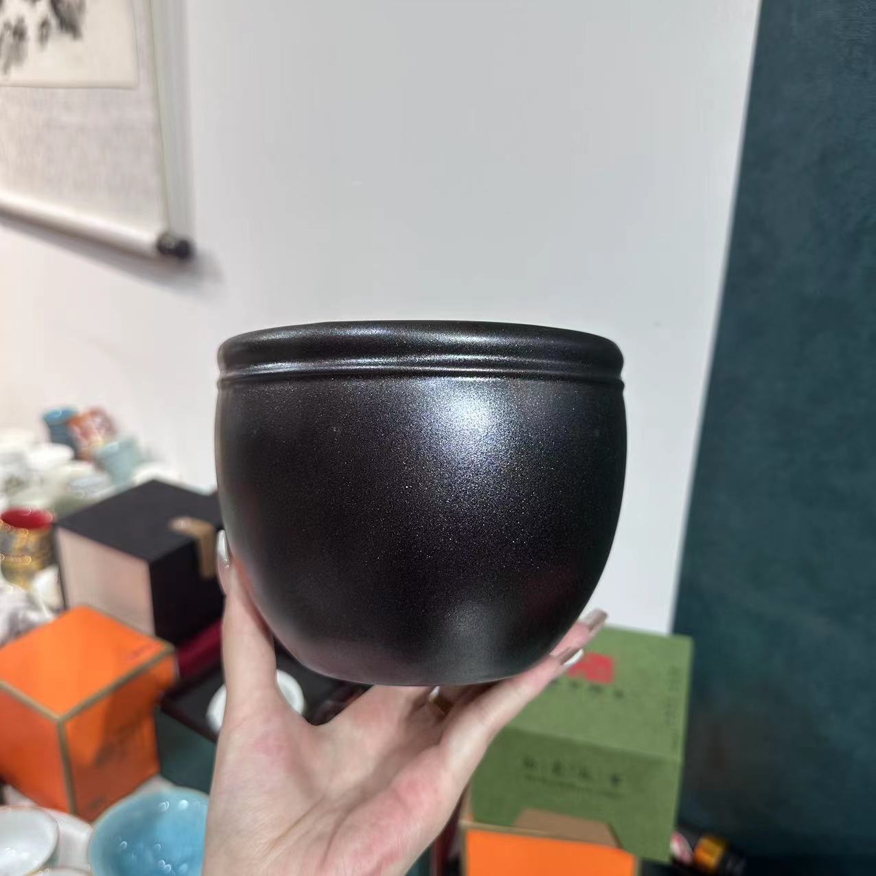 茶道配件乌金釉建水窑变聚财茶渣缸  2079