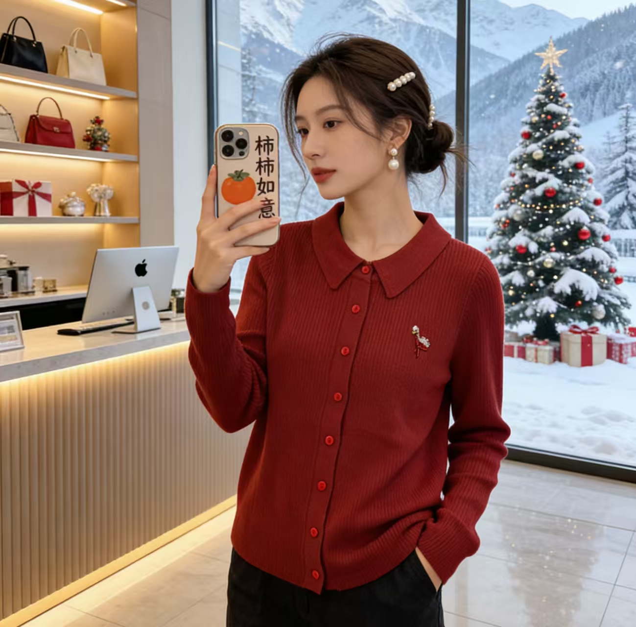 【火鸟】今年流行的娃娃领火鸟钉珠刺绣坑条显瘦开衫女针织衫