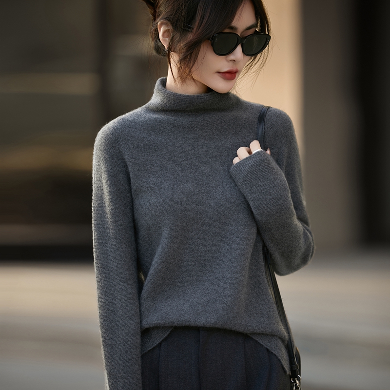 一线成衣反正针100超细羊毛半高领宽松针织羊毛衫下摆开叉打底