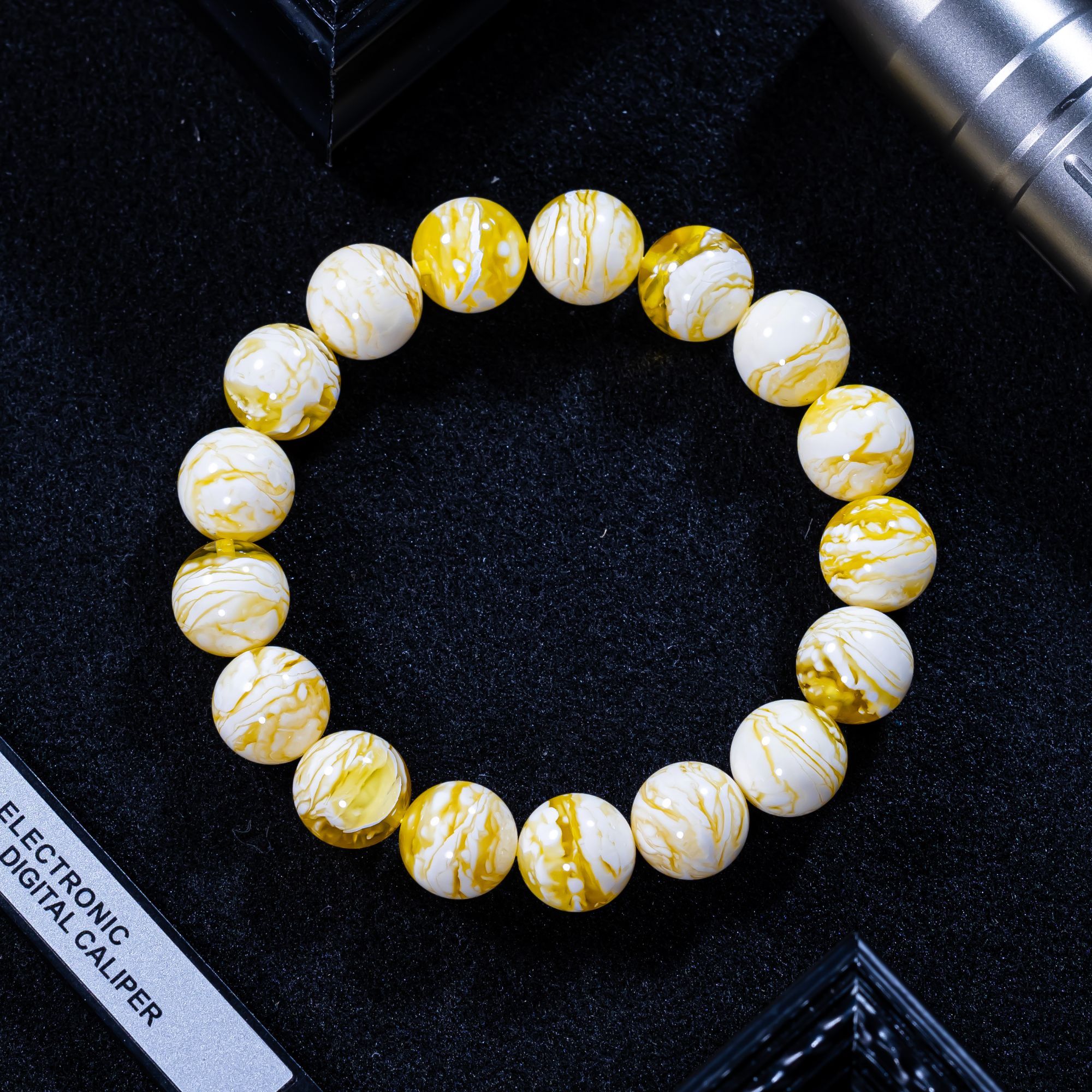 K770同料13mm金瓷白溶洞千层雪圆珠蜜蜡手串 国潮文玩单圈