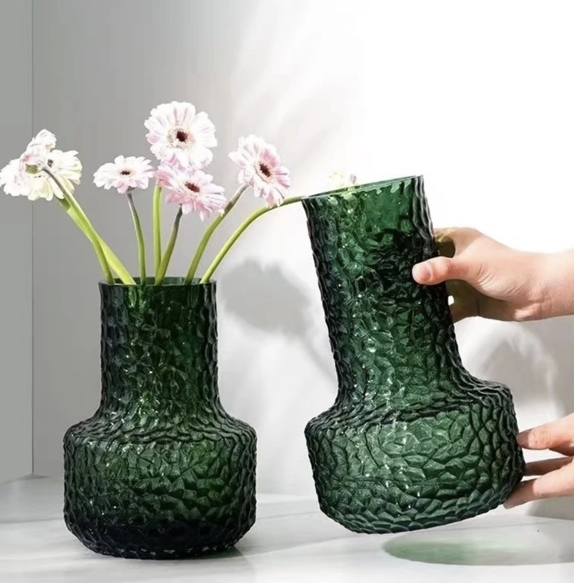 印章|简约高档深墨绿色锤纹玻璃花瓶客厅装饰品水培插花器摆件