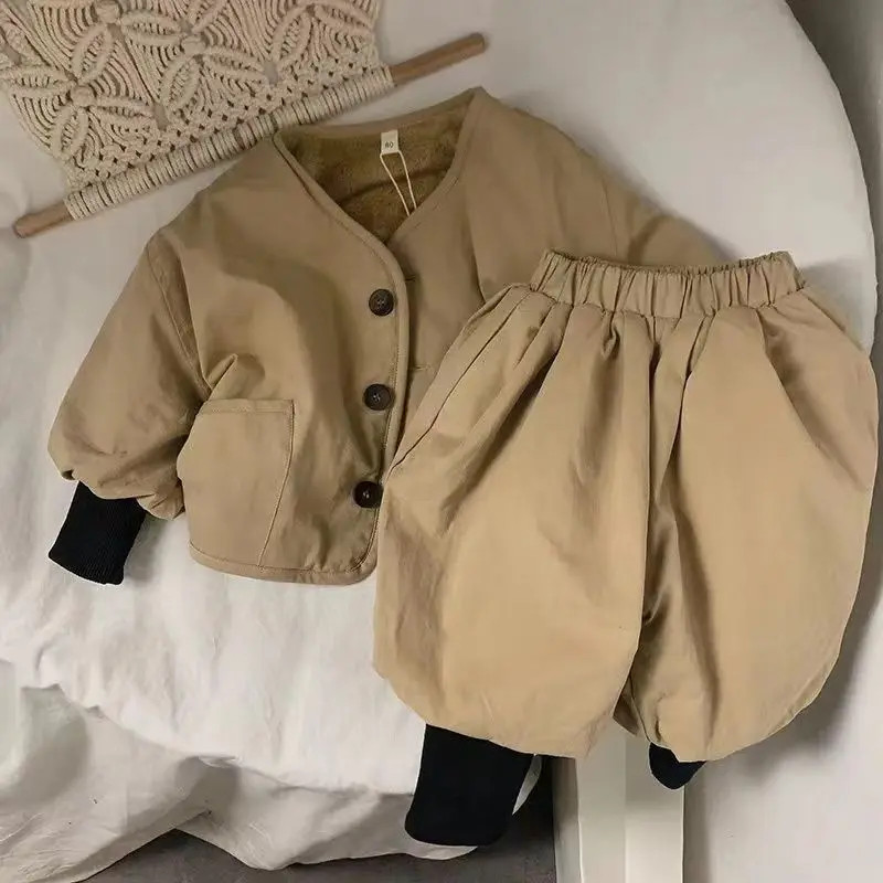 儿童加绒外套童款秋冬季棉服小童加厚宝宝外套男女秋冬款童装套装