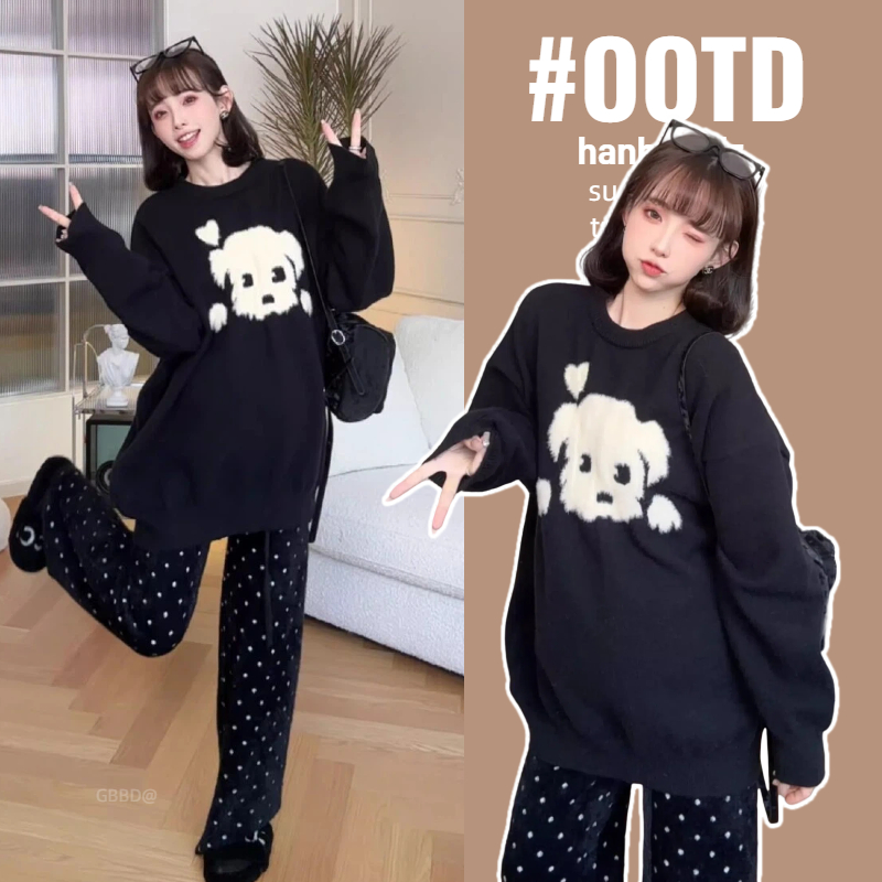 孕妇秋冬绵羊绒毛衣秋冬装宽松针织衫上衣波点抽绳针织阔腿裤套装