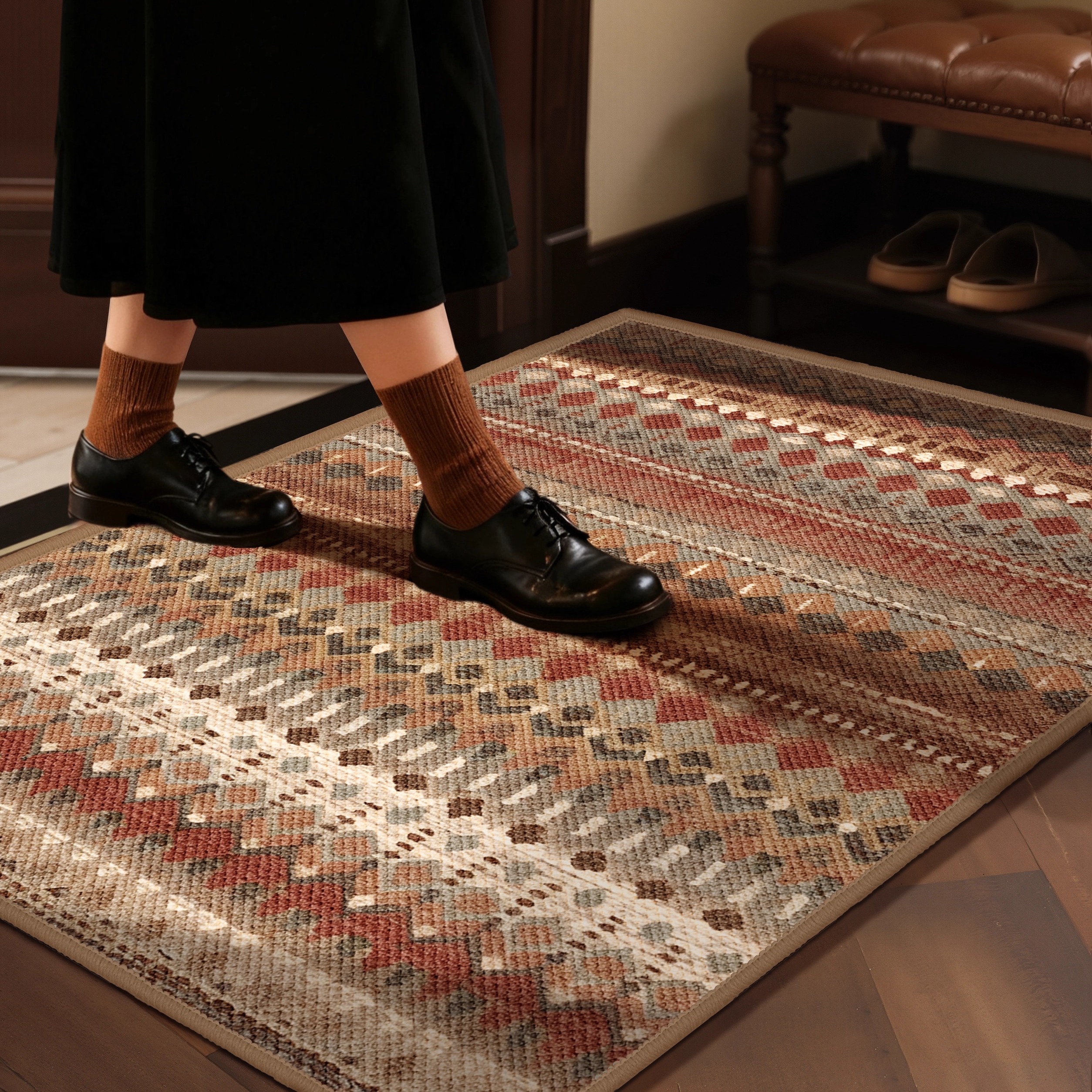 轻奢美式高端地垫入户门垫防滑玄关客厅地毯大颗粒中古风进门脚垫