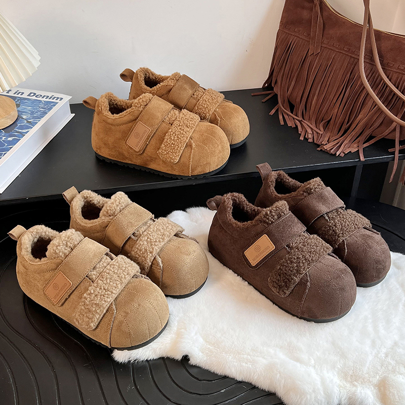 圆头纯色复古德训鞋女2025秋冬新款加绒内增高魔术贴懒人保暖棉鞋