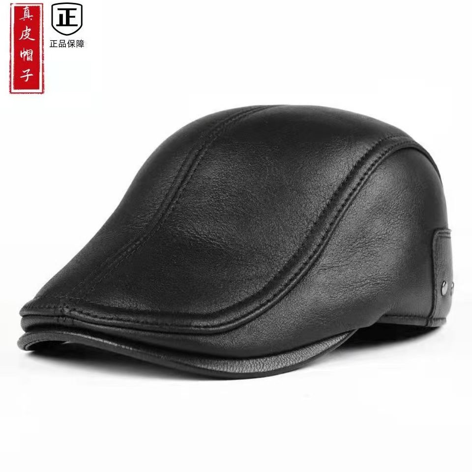 贝雷帽中老年秋冬冬季鸭舌帽男帽子保暖春季包头真皮加棉
