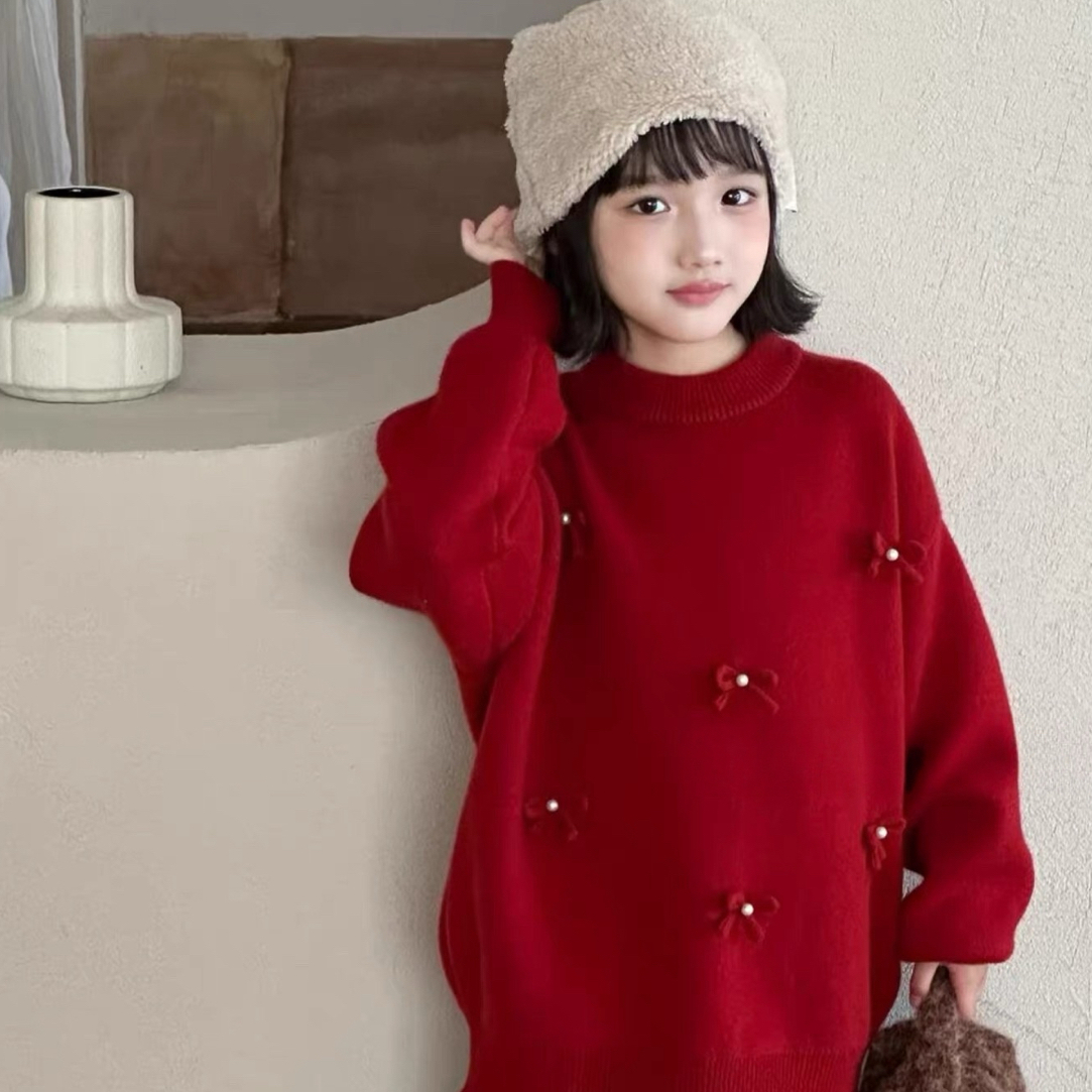 145-珍珠毛衣mochier女大童2025冬季新品加厚毛衣