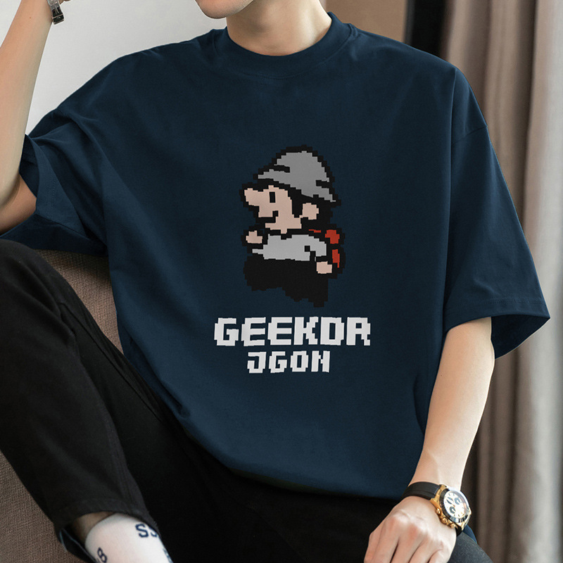 XRL-260g重磅纯棉短袖t恤男夏季宽松圆领上衣服潮牌像素印花全棉