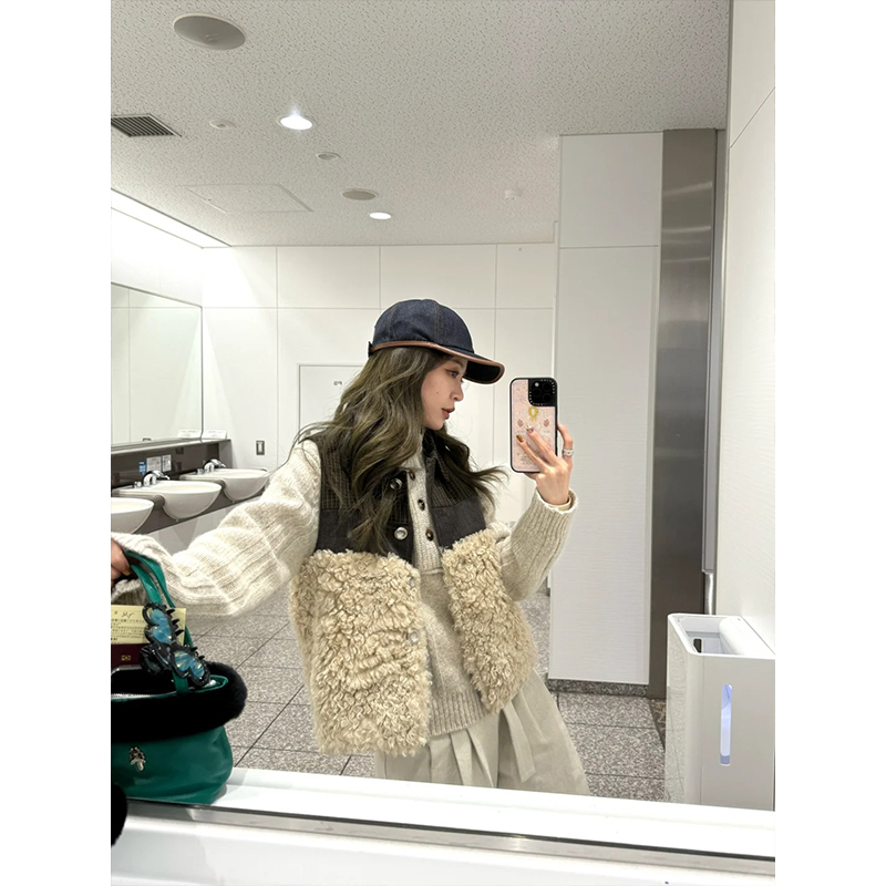 2024秋冬新款时尚简约针织毛衣复古格纹拼接马甲背心高腰休闲长裤