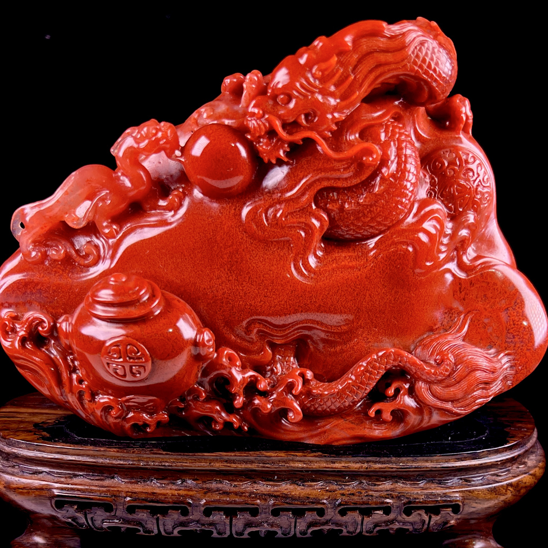 水洞朱砂红高山石龙腾四海摆件 净重581.8克净尺寸9.2/13.2/4.2cm