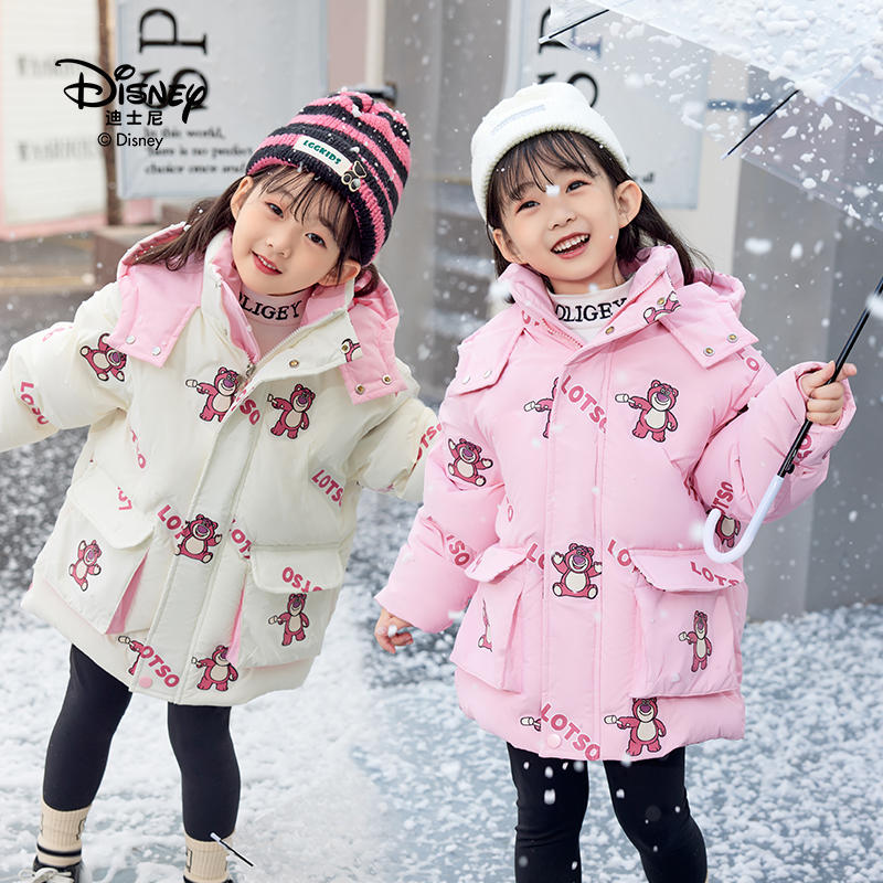 Disney/迪士尼女童冬季草莓熊科技保暖羽绒服连帽中长款加厚