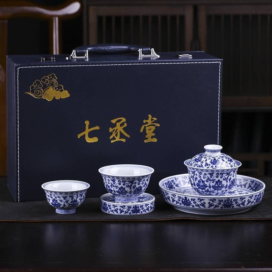景德镇高温釉下彩青花缠枝莲套组不带礼盒茶具