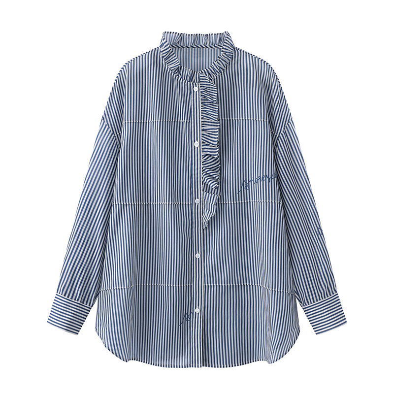 艾诺丝商场同款2025夏新款时尚荷叶立领条纹长袖衬衫上衣女1089