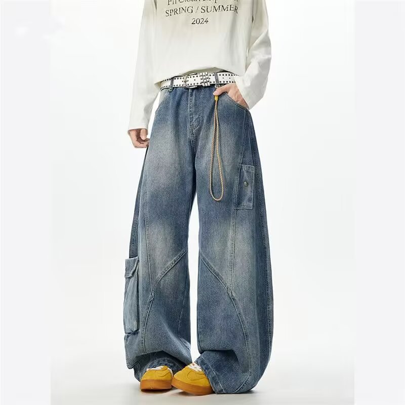 潮牌美式廓形弯刀牛仔裤男高街设计感裤子水洗直筒阔腿长裤做旧