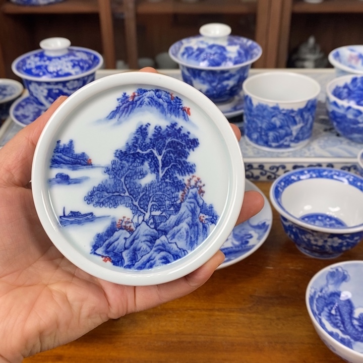 青花手绘山水盖置