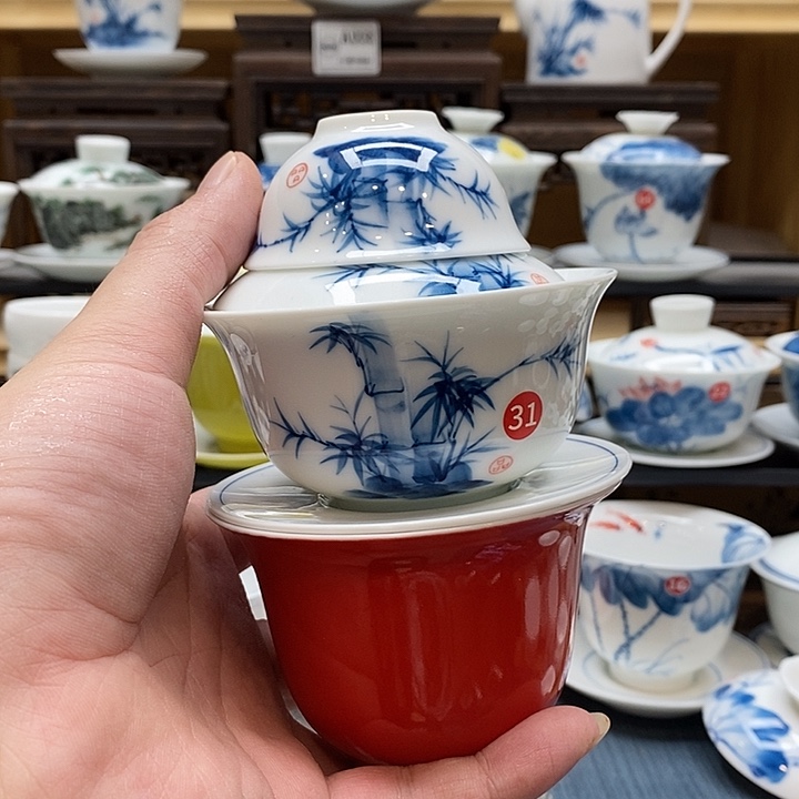 手绘微瑕竹子盖碗加4杯加红碗身