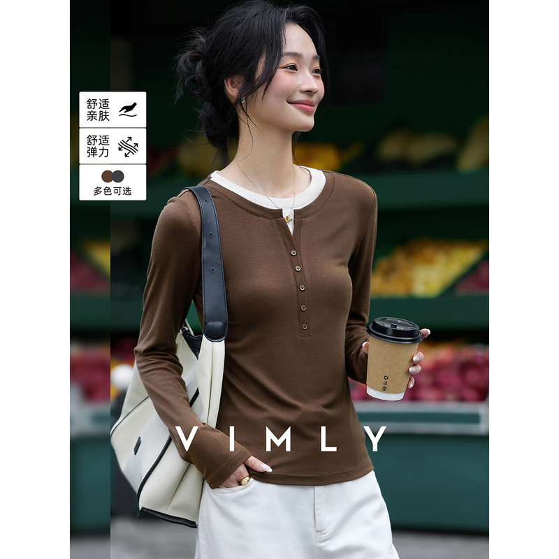 F梵希蔓假两件长袖t恤女秋修身显瘦内搭圆领上衣A2173