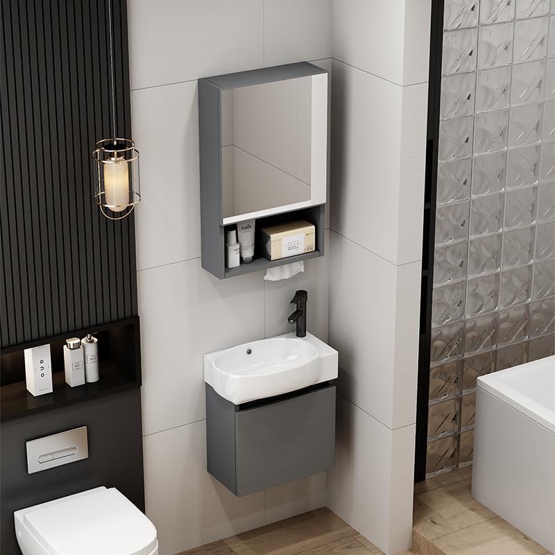 【小户型极窄】深灰新款加厚蜂窝铝浴室柜组合圆弧镜柜卫生间洗漱台