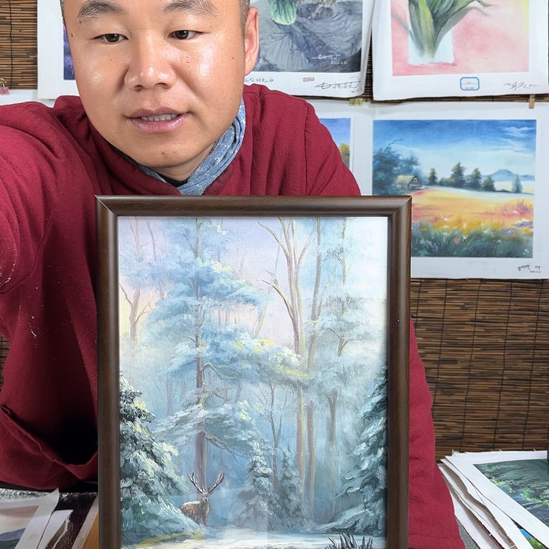 油画行路人小院绘画作品