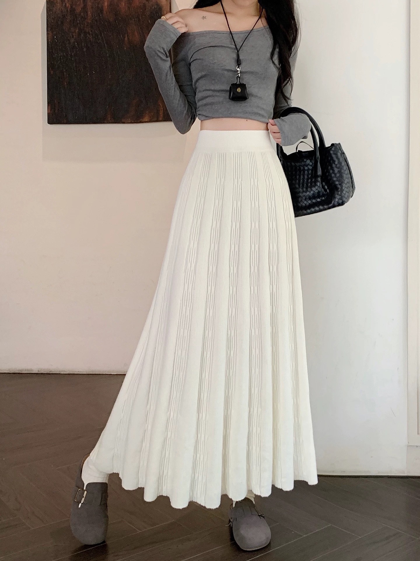 B401-B450 秋冬新款加厚针织半身裙女高腰显瘦A字伞裙