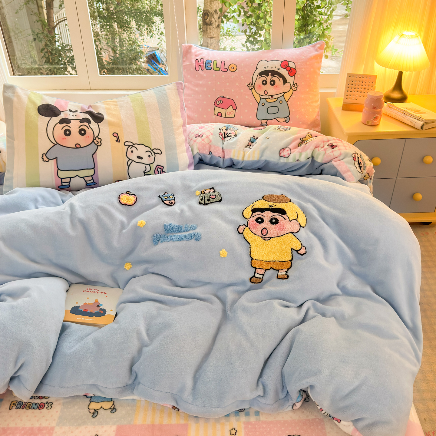 秋冬上新-可爱卡通毛巾绣牛奶绒双面绒家用四件套学生宿舍三件套