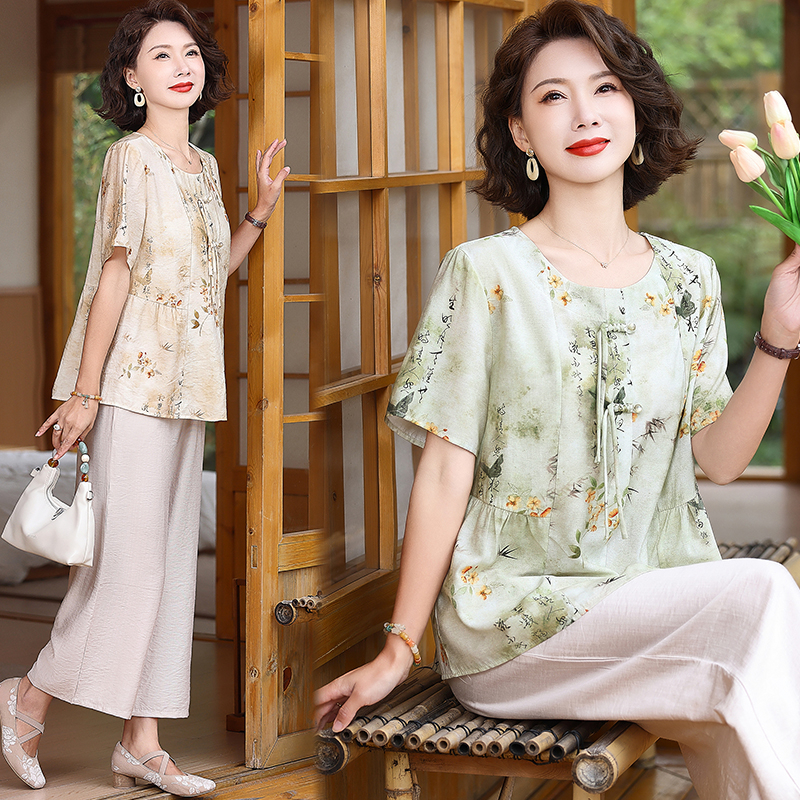 妈妈夏装遮肉套装洋气新款中老年女装中式国风短袖T恤上衣两件套