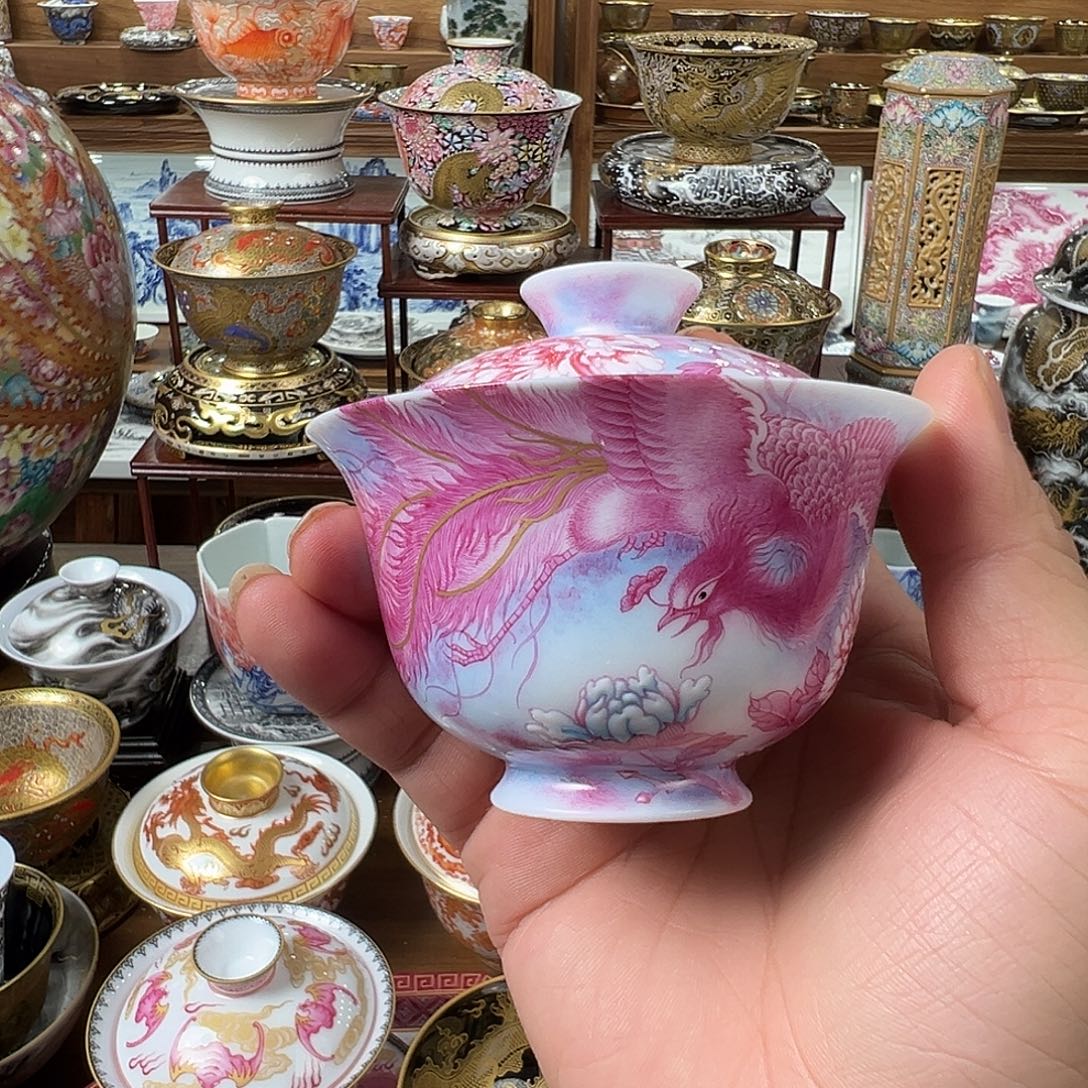 宝石红精工凤凰盖碗