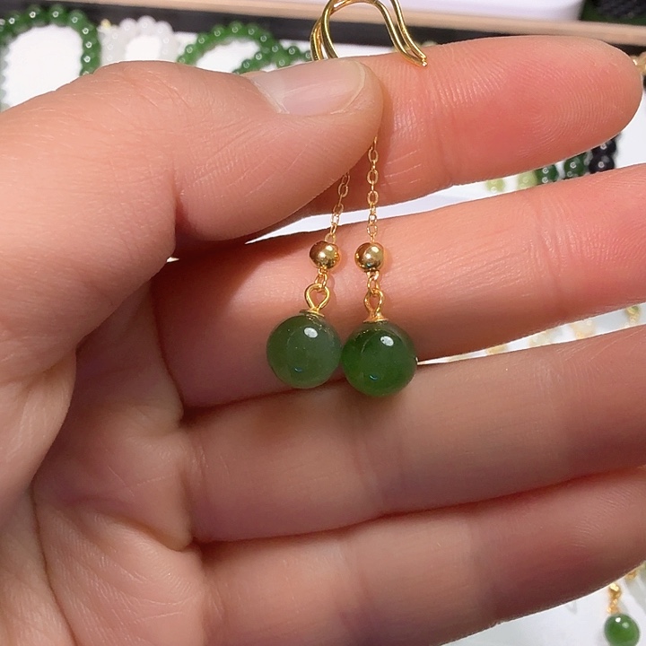 和田玉耳饰银S925镀金镶嵌