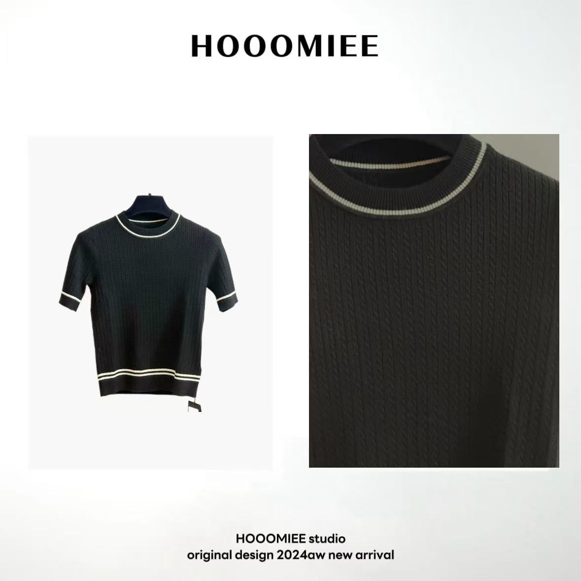 Hooomiee法式简约绞花撞色圆领针织短袖女士T恤250101
