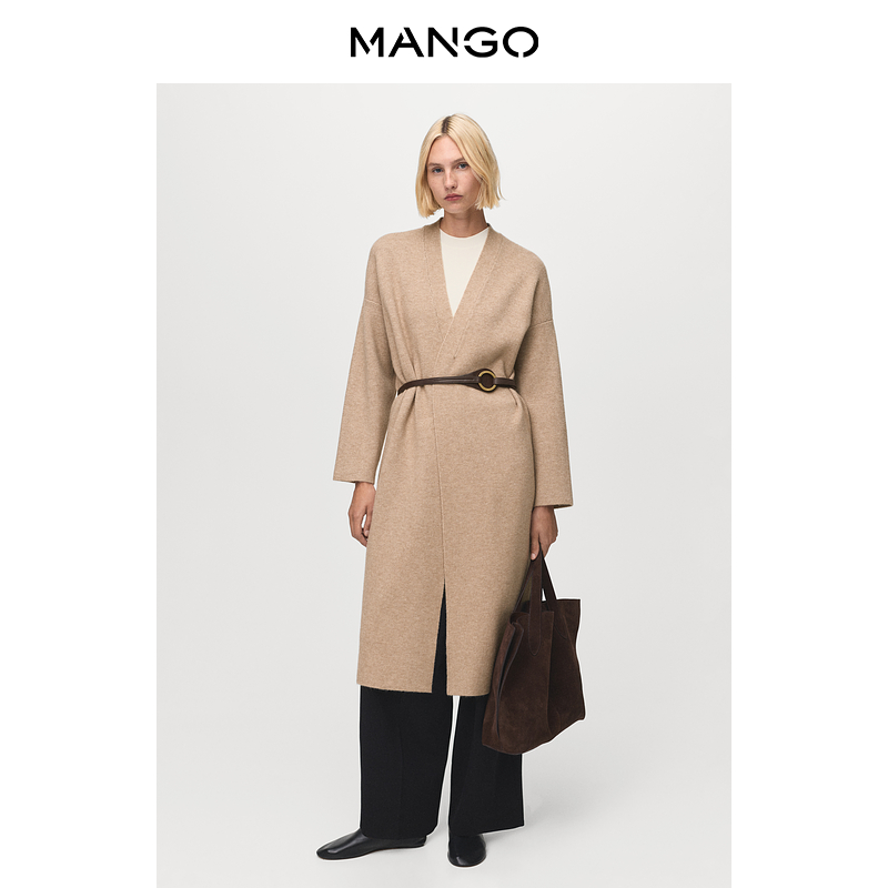 MANGO女装毛呢外套2025秋装新款简约百搭针织V领大衣浴袍式外套