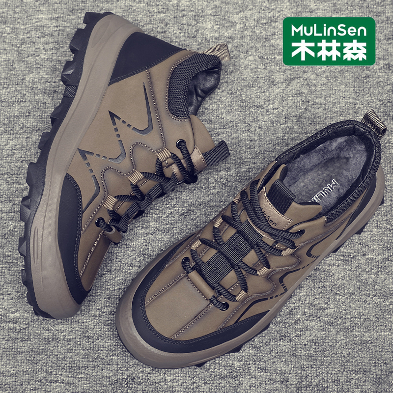 木林森防滑男士雪地靴时装靴系带保暖潮流板鞋休闲黑色加绒高帮