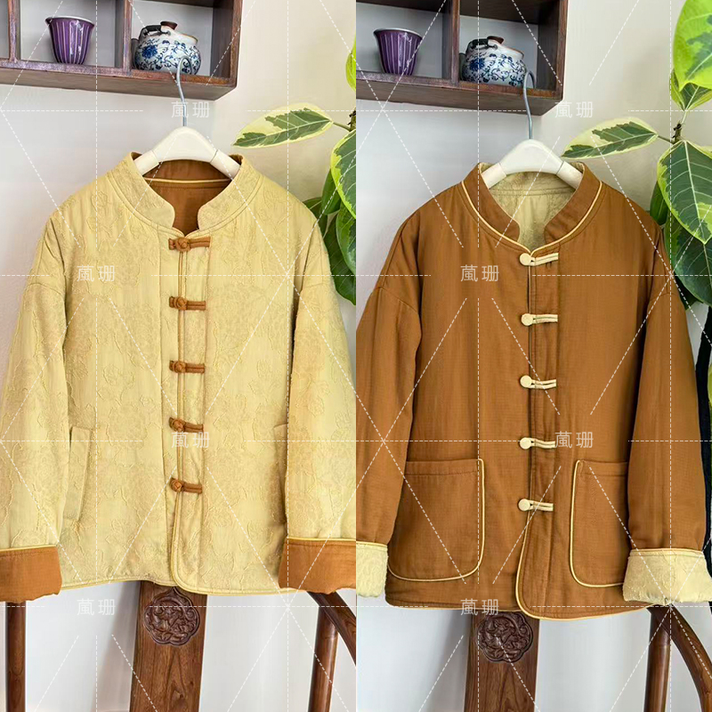 【暖柔双面穿】冬季国风提花麻棉设计中式复古休闲棉服棉衣52714