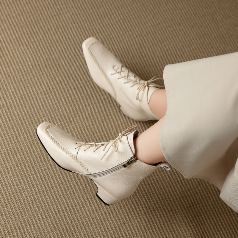 牛皮/跟高4cm/2025新款秋冬季真皮中跟短靴女单靴软面马丁靴皮靴
