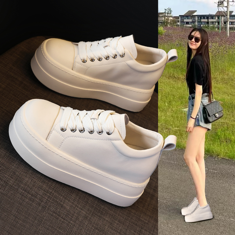 【增高8CM】2025年春季新款厚底松糕鞋百搭系带皮面厚底运动休闲鞋