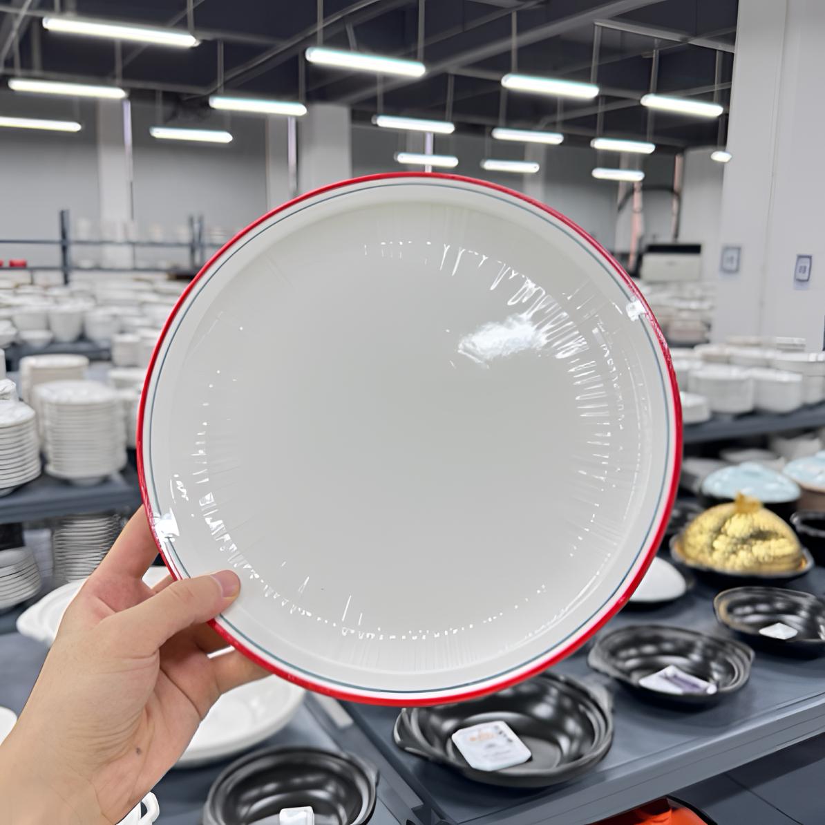 热门酒店陶瓷餐具 经典圆浅盘 幽梦红绿双线 正品一级
