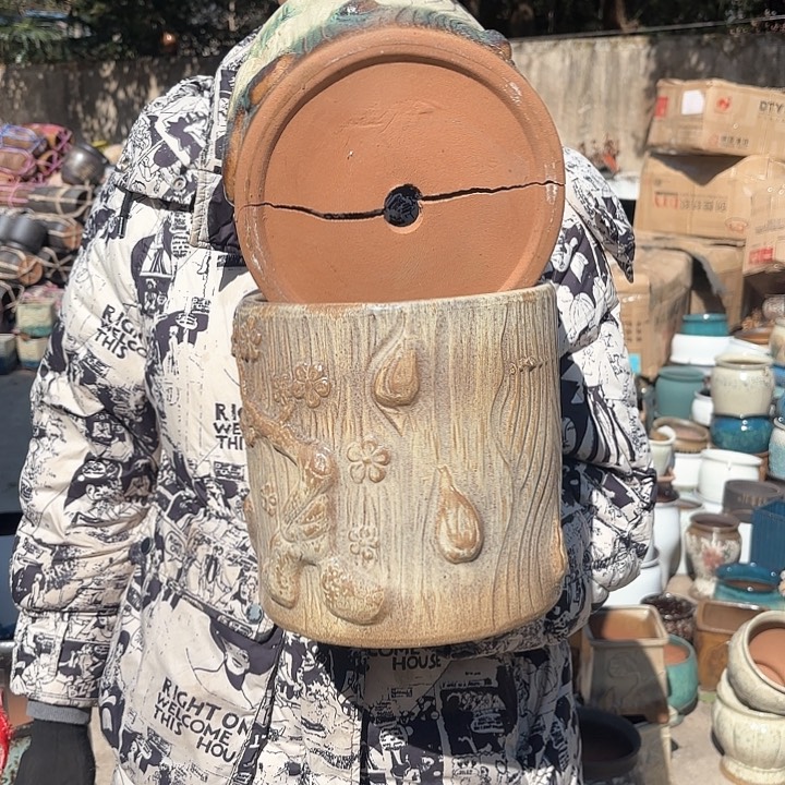 红陶树桩瑕疵两个口径20*20