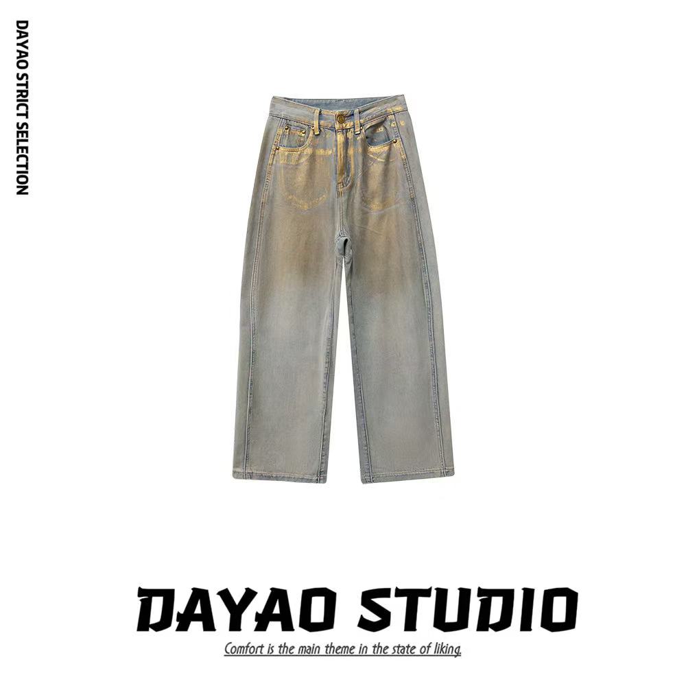 【烫金裤】新款复古烫金阔腿牛仔裤  2516