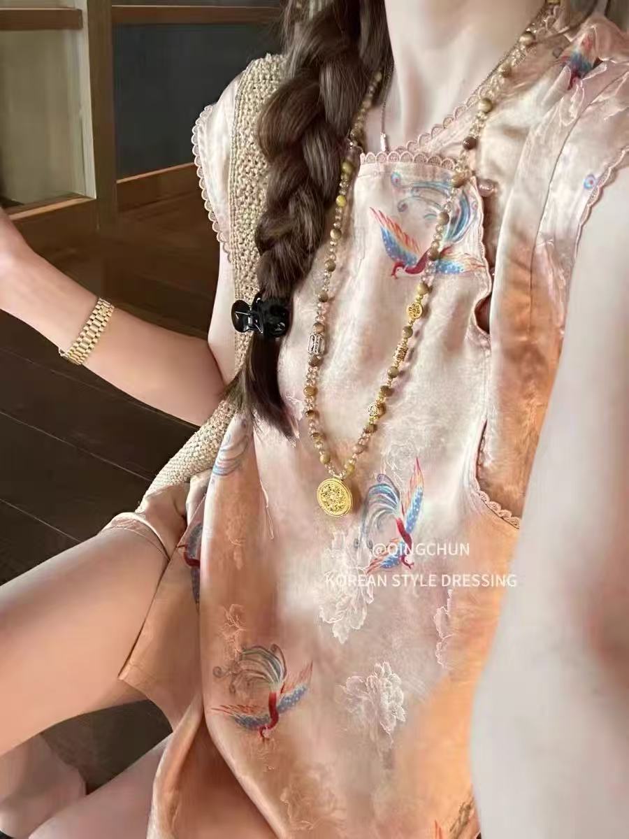 2025夏国风无袖背心马夹+短裤旗袍两件套2351