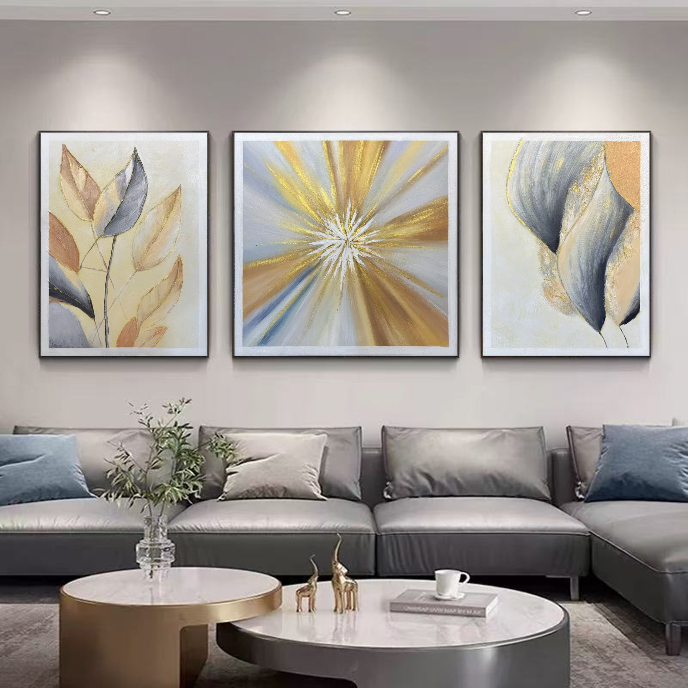 SF 59 《光芒》手工油画装饰现代客厅三联画沙发背景画