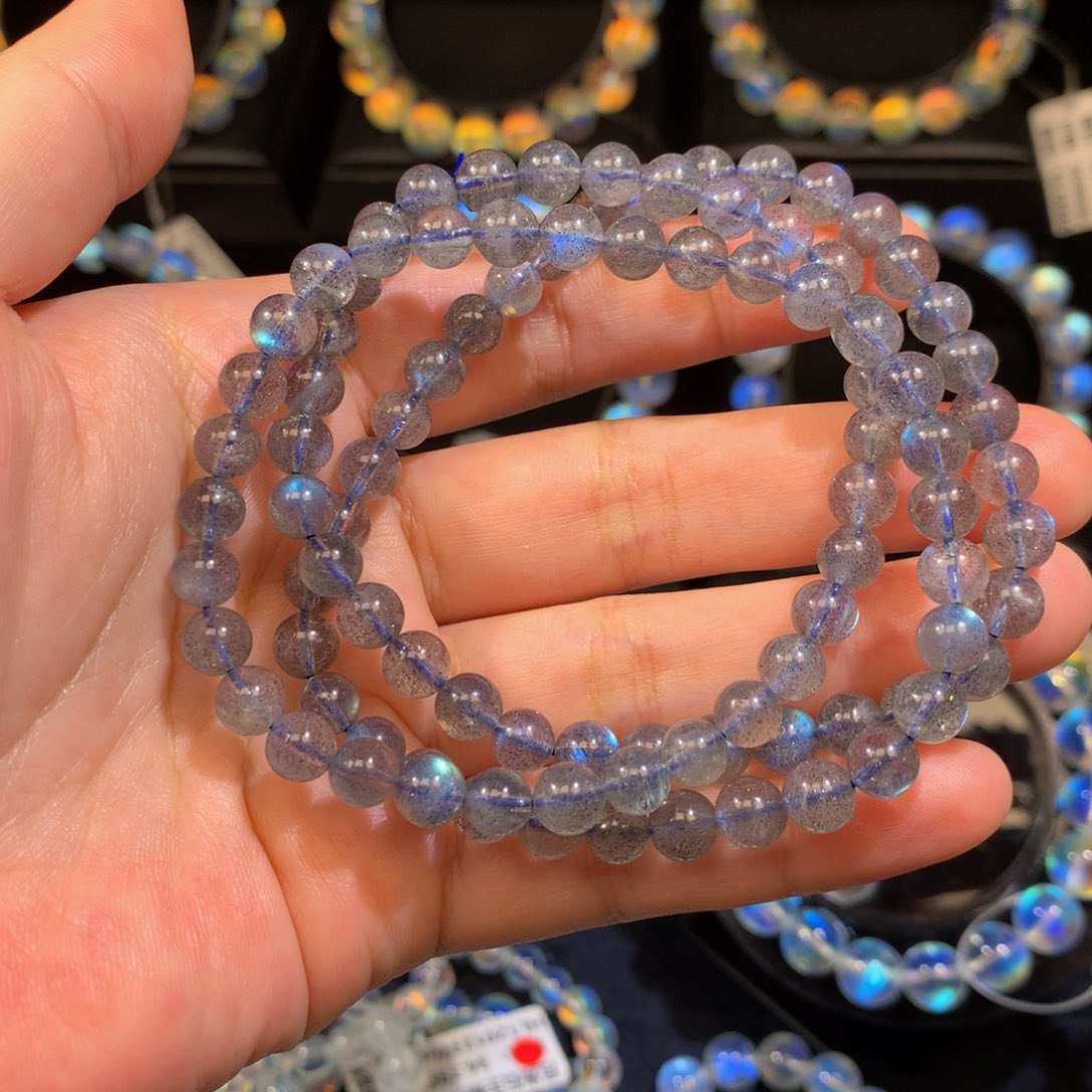 拉长石手链未镶嵌@**文灰月光三圈6.2mm