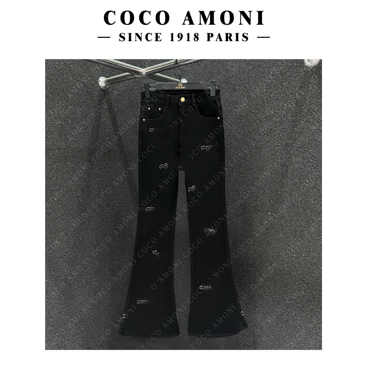 复古字母烫钻修身显瘦微喇叭裤潮流时尚百搭高腰牛仔裤 GG025