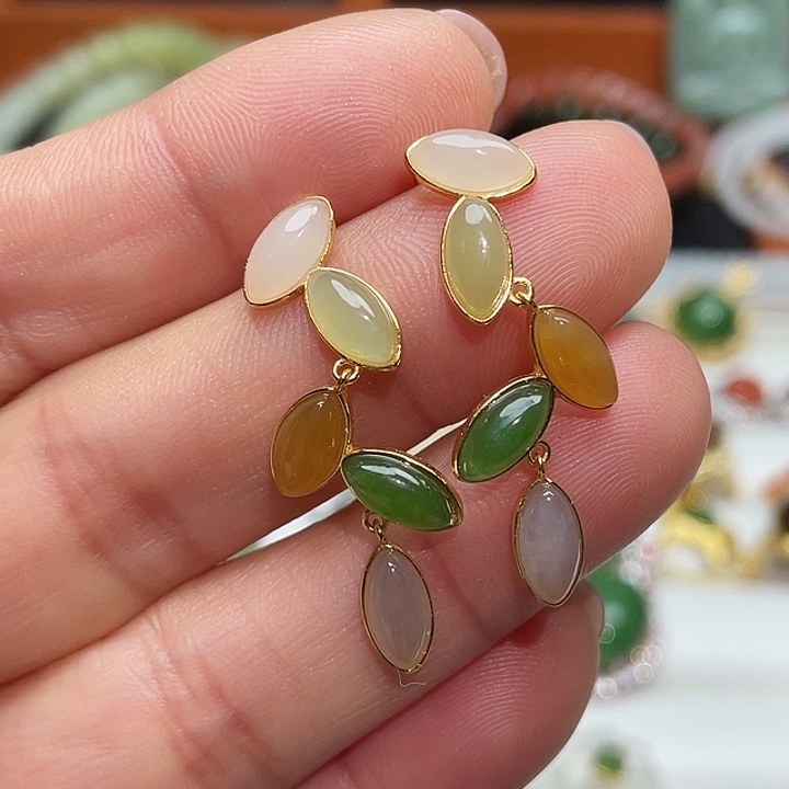 和田玉银S925镶嵌耳饰颜色多样性发货