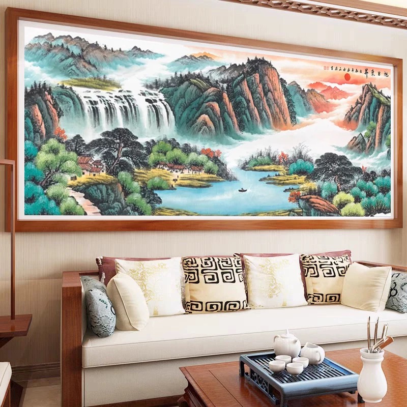 旭日东升十字绣成品不带框纯手工已绣好的2025新款客厅高端山水画